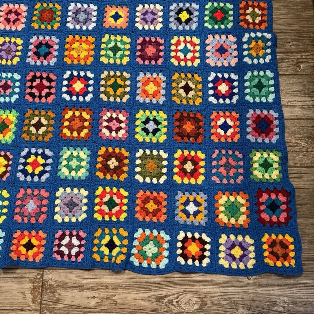 Vintage Handmade Granny Square Afghan Blanket Throw Knit Cottage Approx 48x59‎